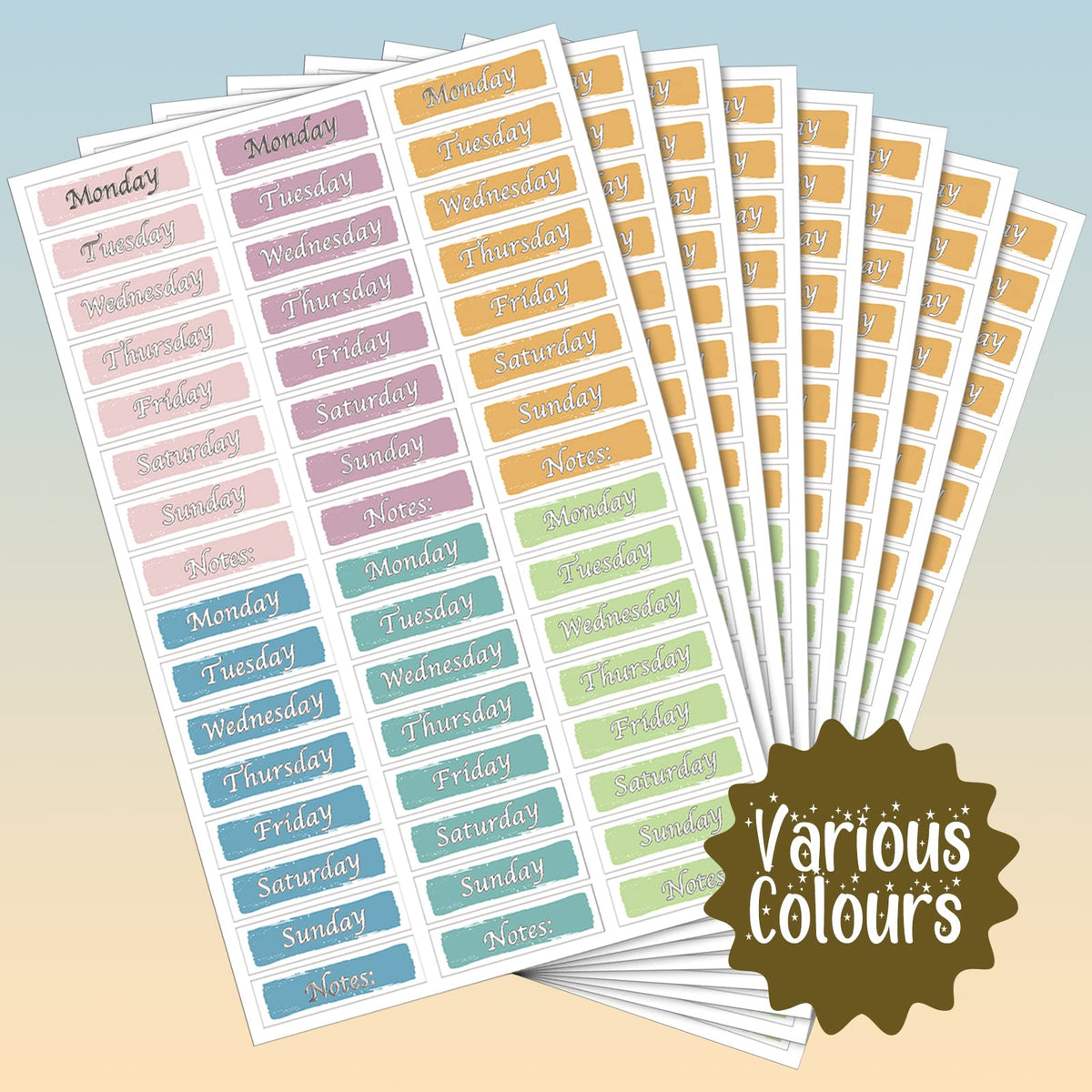 Set of 480 silver foiled day of the week stickers for planners, with removable adhesive date covers for Monday to Sunday.