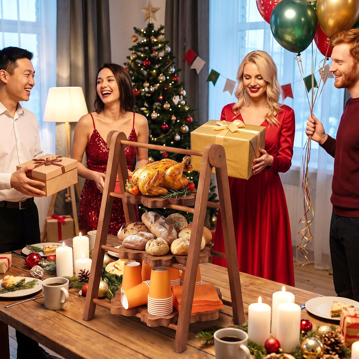 Marsui 3 Tier Christmas Snowflake Serving Tray with 16 in Collapsible Stand
