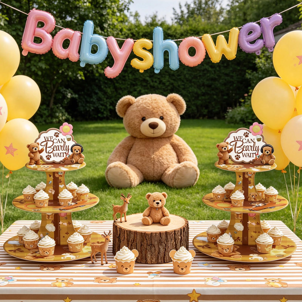 Bear Baby Shower Cupcake Stand - Brown 3 Tier Teddy Bear Baby Shower Decorations for Boys Girls, We Can Bearly Wait Dessert Table Decor with Toppers Gender Reveal Party Supplies
