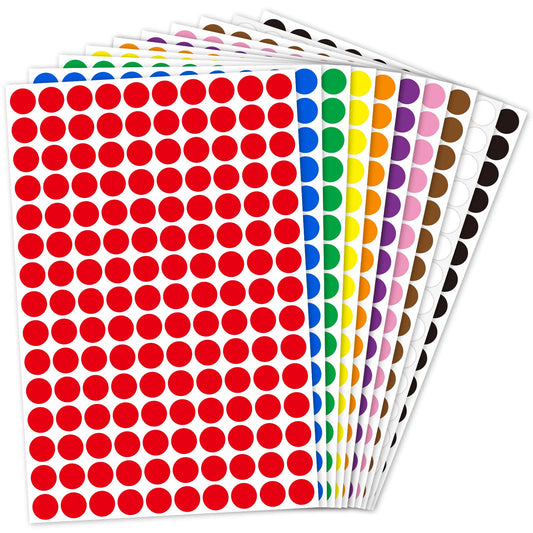 3000 Pack, 0.375" Round Colored Dot Stickers Labels - 10 Colors 0.375"