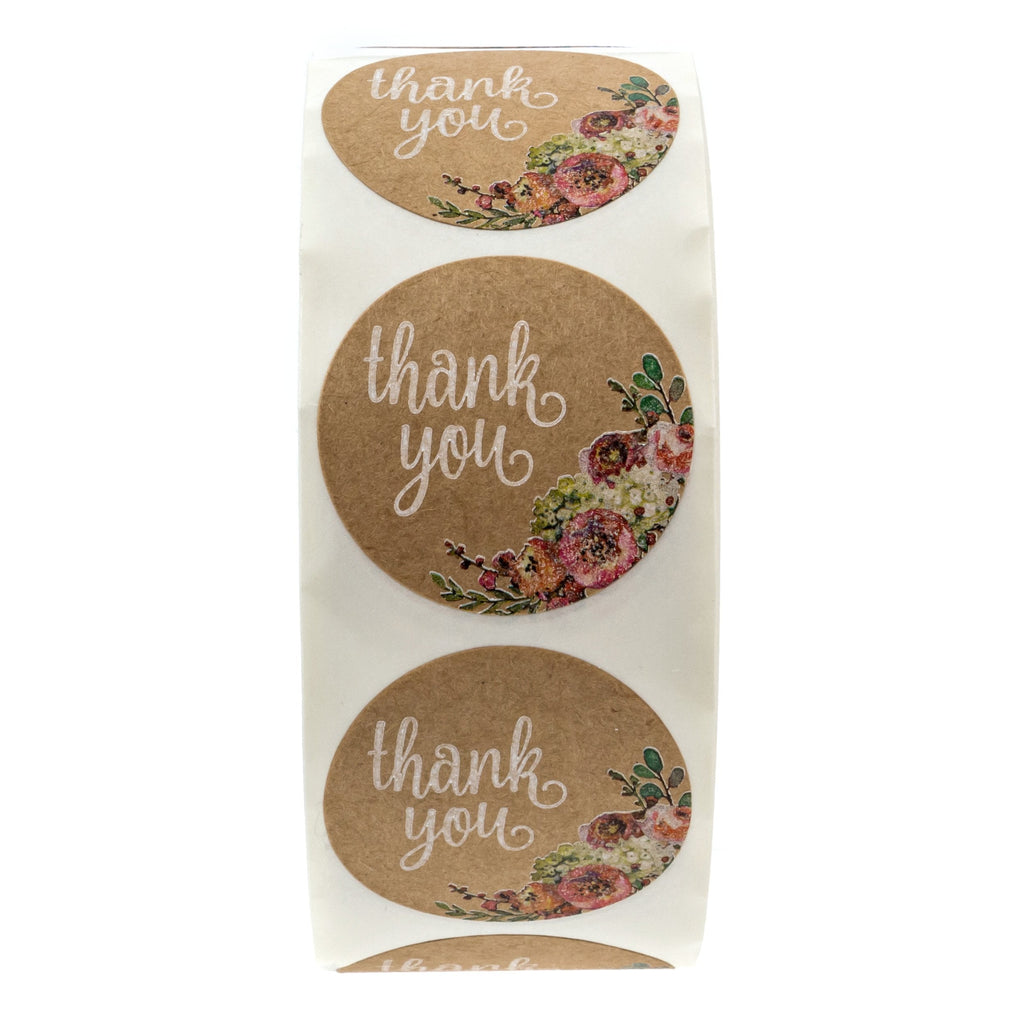 Brown Kraft Floral Thank You Stickers / 1000 Thanks Flowers Labels Roll / 1.5" Round Envelope Seals/Made in The USA Brown