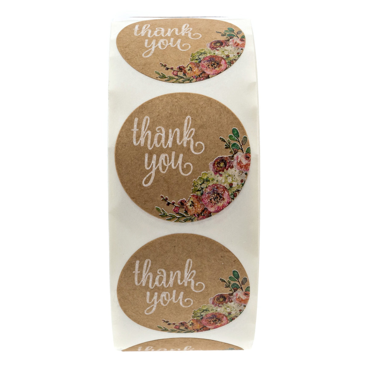 Brown Kraft Floral Thank You Stickers / 1000 Thanks Flowers Labels Roll / 1.5" Round Envelope Seals/Made in The USA Brown