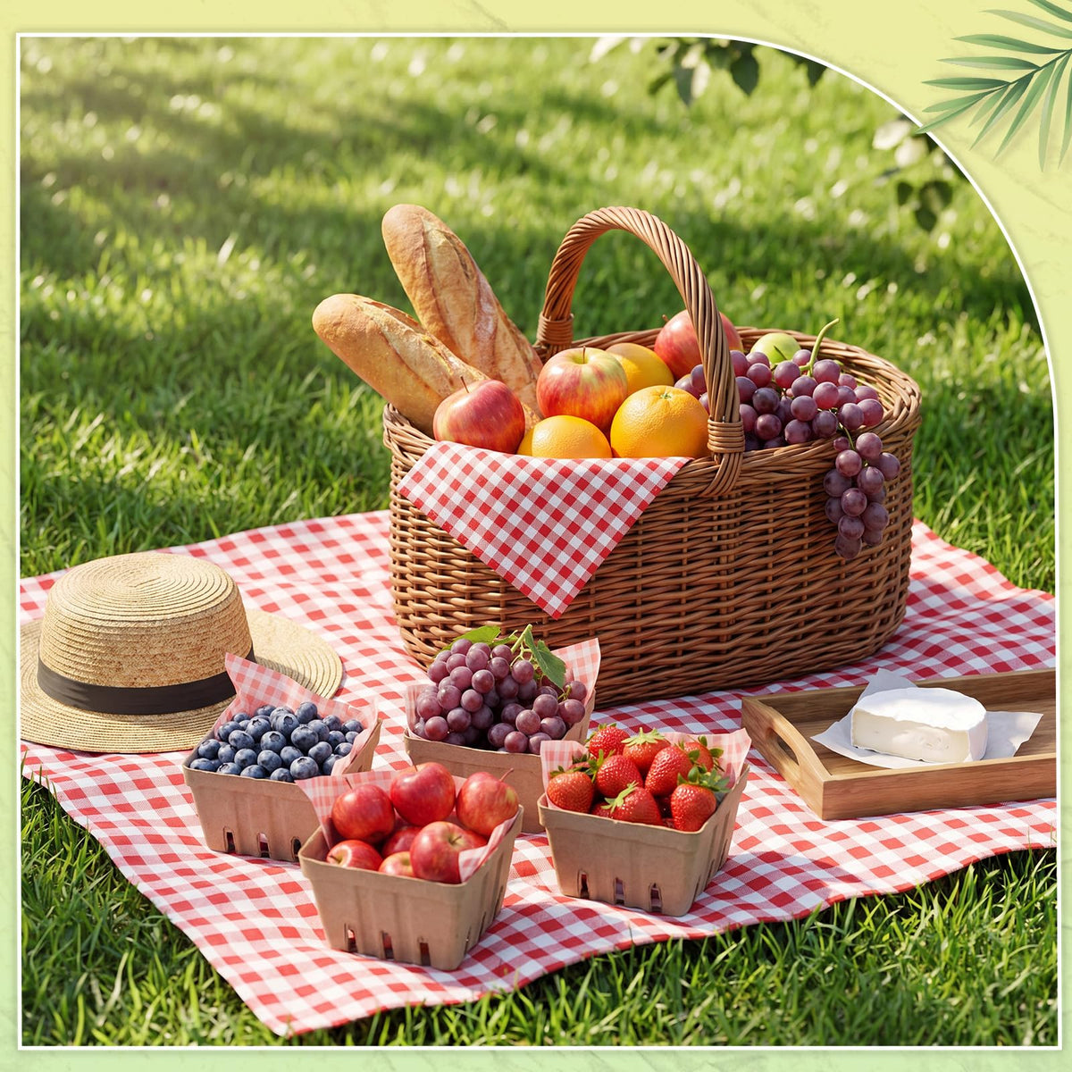 Domensi 50 Pcs Natural Pulp Fiber Berry Basket 100 Pcs Sheets of 10 x 10 Inches Wax Paper, Molded Ventilated Produce Baskets for Strawberry Blueberry Vegetable Farmer Market Grocery Stores Party Red