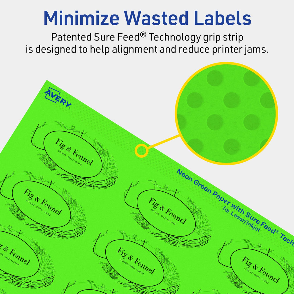 Avery® Printable Oval Labels, Sure Feed® Technology, 1-1/8" x 2-1/4", Neon Green Labels, Print-to-The-Edge, Laser/Inkjet Printable, 420 Total, Great for Soaps and Candles 420 labels