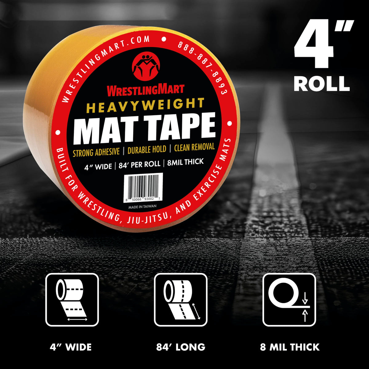 WrestlingMart Heavyweight Wrestling Mat Tape - Durable 4" Wide, 8mil Thick Clear Vinyl Wrestling Tape for Mats - Long-Term Application, Maximum Strength, Tear-Resistant & Reusable - 84' Long (1 Roll) 1.0