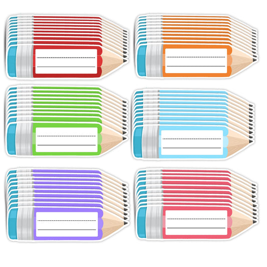 Colorful Pencils Name Tags 30pcs Back to School Pencil Shape Decal Nameplate Stickers for First Day of Office Classroom Desk Wall Message Bulletin Board Decorations