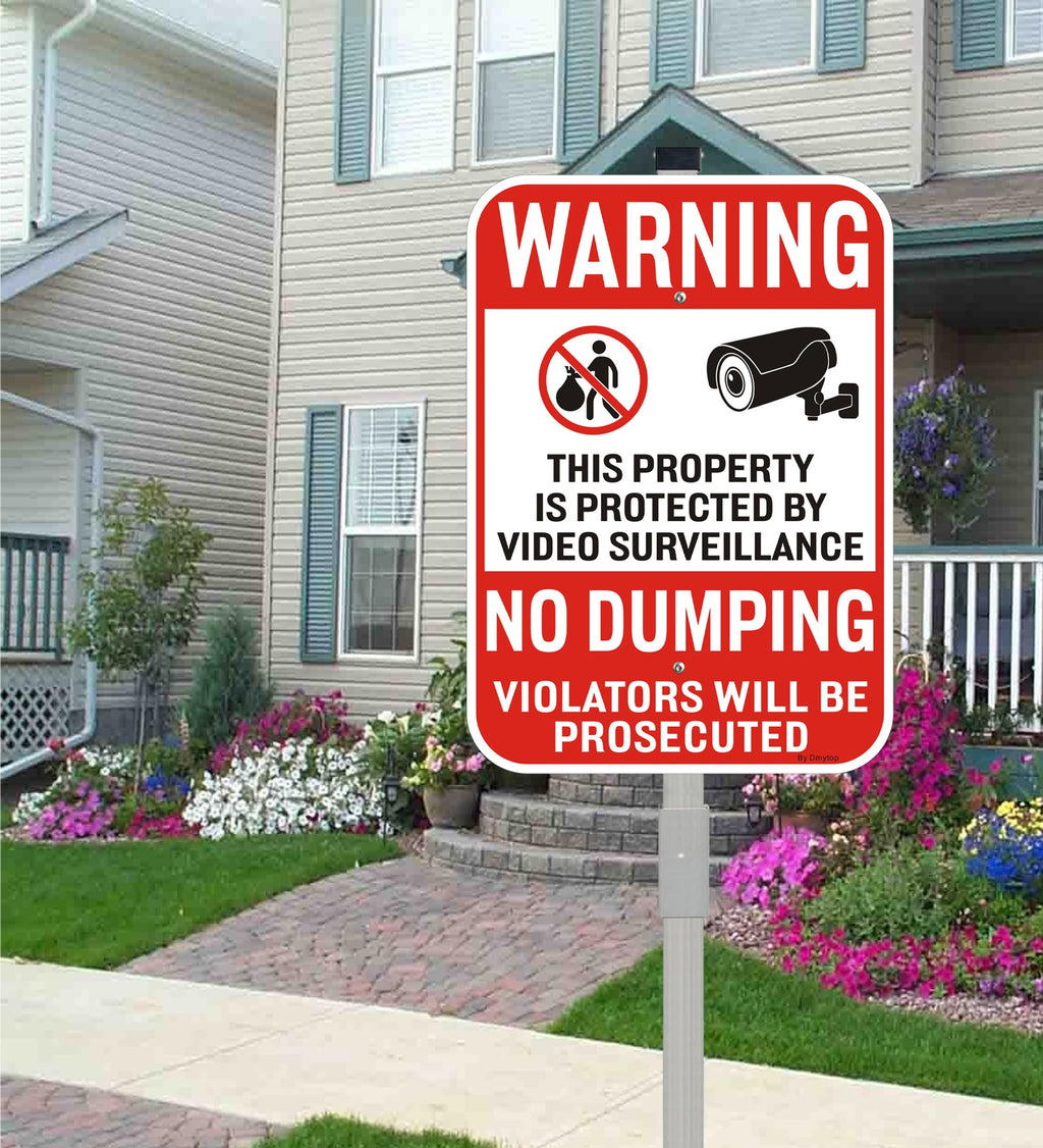 2Pack No Dumping Sign,14" x 10" Property Protected By Video Surveillance Sign with 36" Alloy Stakes, Rust Free &Fade Resistant Heavy Reflective Aluminum,Included Mounting Screw Kit.