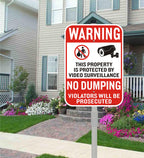 2Pack No Dumping Sign,14" x 10" Property Protected By Video Surveillance Sign with 36" Alloy Stakes, Rust Free &Fade Resistant Heavy Reflective Aluminum,Included Mounting Screw Kit.