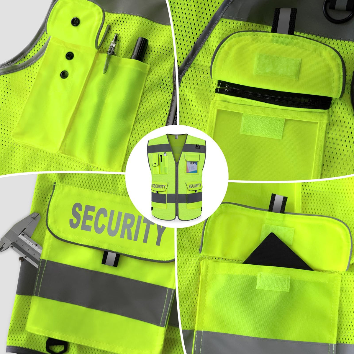 TCCFCCT Mesh Security Vest for Security Guard 9 Pockets High Visibility Reflective Safety Vest for Men Women, Durable Hi Vis Vest with Reinforced Sewing, Meets ANSI/ISEA, (G100S-Yellow, L) Mesh Yellow-bison 08 Large