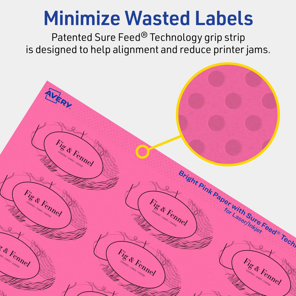 Avery® Printable Oval Labels, Sure Feed® Technology, 1-1/8" x 2-1/4", Bright Pink Labels, Print-to-The-Edge, Laser/Inkjet Printable, 420 Total, Great for Soaps and Candles 420 labels