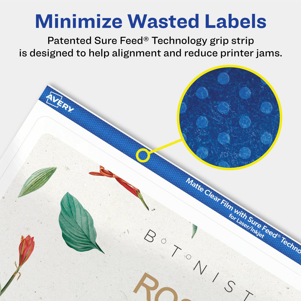 Avery® Matte Clear Rectangle Labels, Sure Feed® Technology, 5" x 8-1/8", 50 Matte Clear Labels, Laser/Inkjet Printable 50 labels
