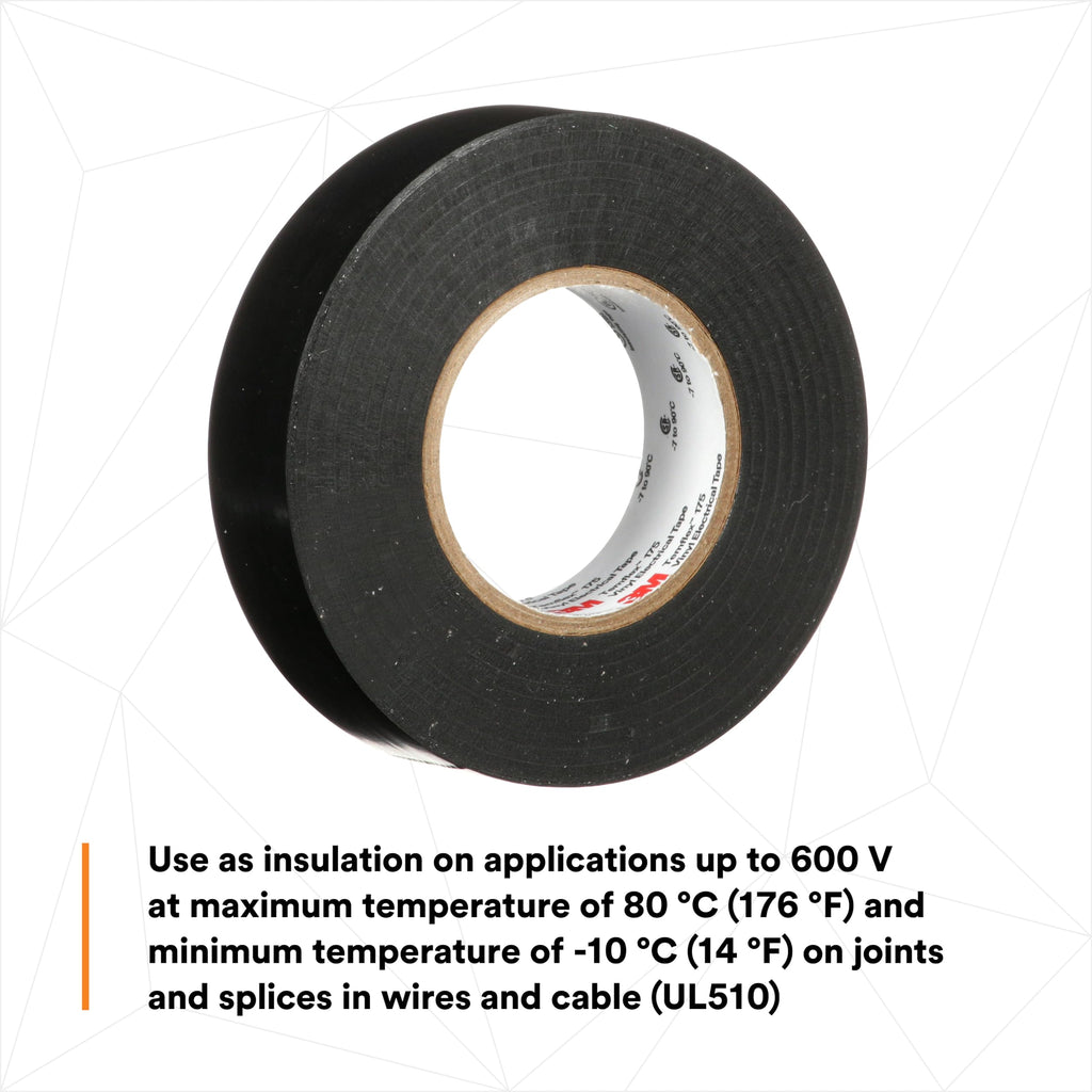 3M Temflex Vinyl Electrical Tape 175, 3/4 in x 60 ft, Black, 10 Rolls