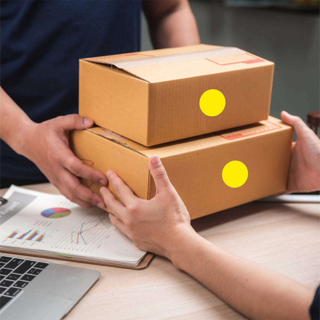 PARLAIM 1-inch round yellow adhesive color-code dot stickers on a roll, ideal for labeling and organization.