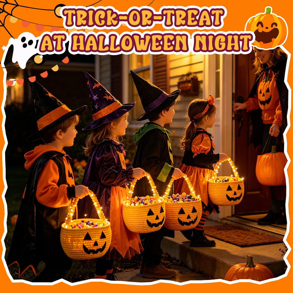 2Pcs Halloween Trick or Treat Basket with LED String Lights - Orange Orange+light