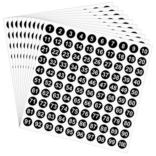 1-100 Round Number Stickers, 10 Sheets Consecutive Labels, Self-Adhesive 0.4" Small Numbered Stickers for Office, Home, Kitchen, Classroom