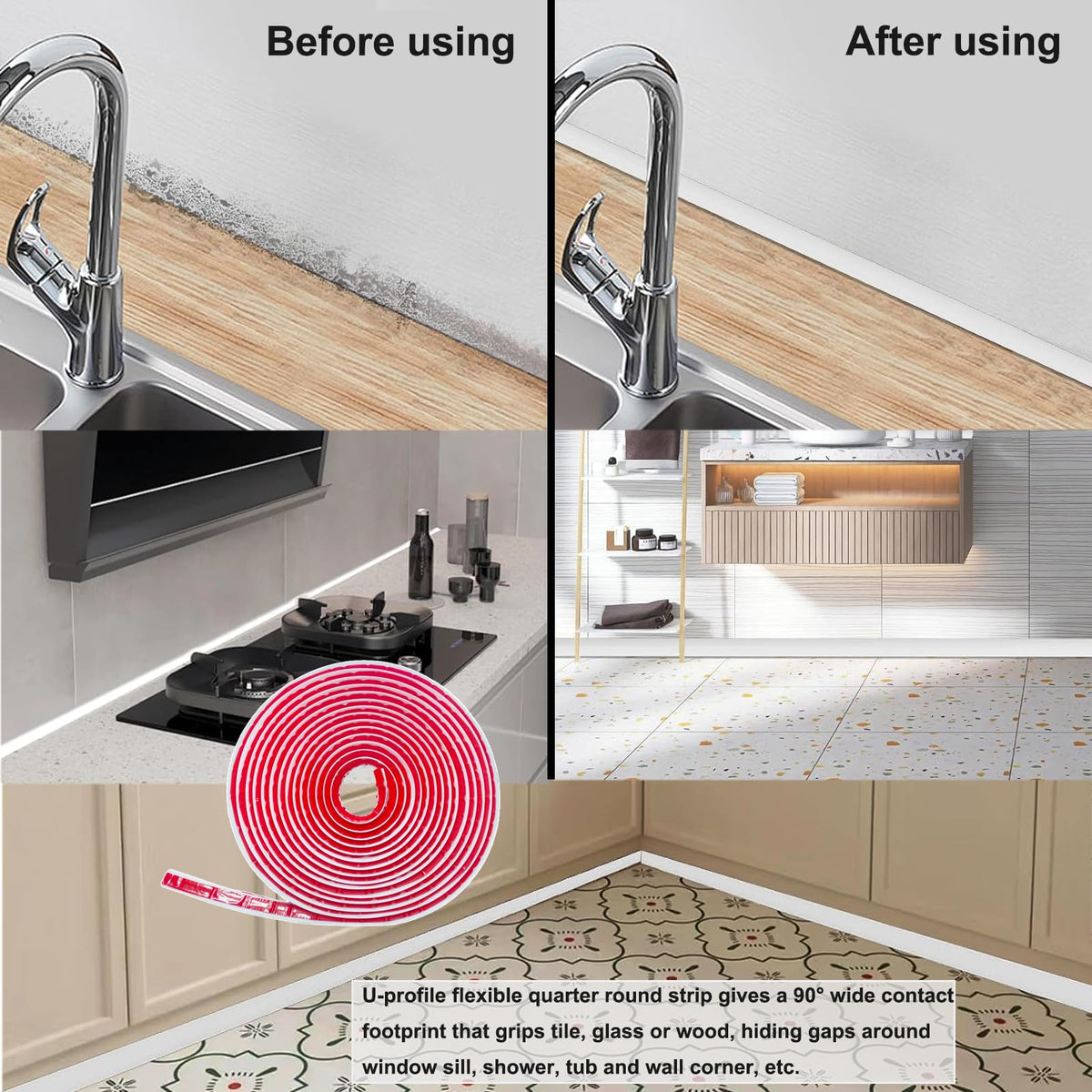 236 Inch Flexible Quarter Round Shoe Molding, Peel and Stick Waterproof Silicone Trim for Bathroom Floor, Corner, Baseboard, Staircase and Cabinet Edge Cover 236"