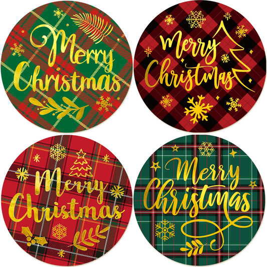 Merry Christmas Stickers Plaid Xmas Gold Foil Sealing Labels for Holiday Envelopes Cards Scrapbook Decor Supplies 100 Pcs