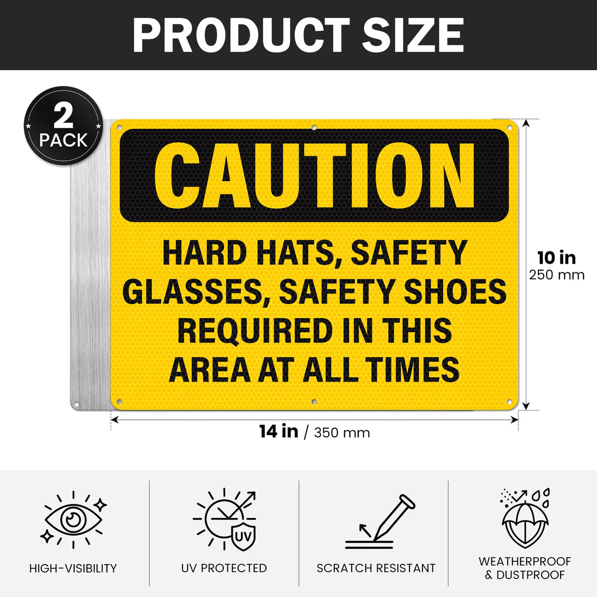 Hard Hats Safety Glasses Safety Shoes Required In This Area Sign Yellow, Black, PPE Safety 14 x 10 Inches