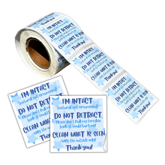I’m Intact, Don’t Retract Uncircumcised Diaper Sticker | 250/roll 2x2” for Daycare, Nursery, Saving Our Sons Label for Wipes Intact Friendly