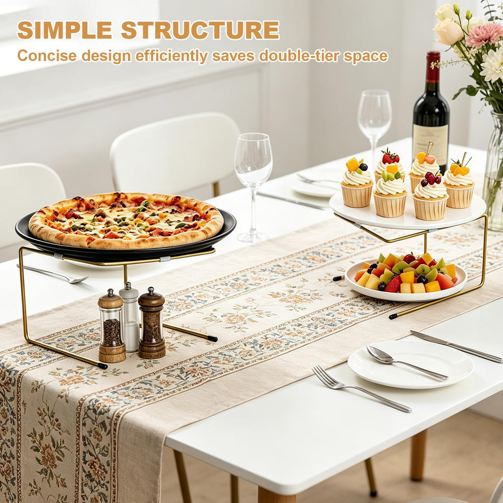 Pizza Stand, 2 Tier Pizza Rack for Party, Brass Metal Pizza Serving Tray Stand with Non-Slip Silicone for Wedding, Dessert Table, Holiday Event, Home Decor Use Gold