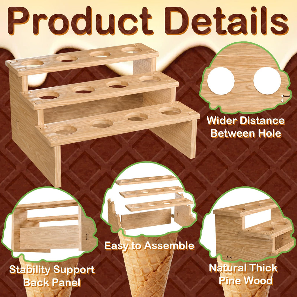 2 Pack Wooden Waffle Ice Cream Cone Holder Stand (1.5" HoleDia) 1.5"HoleDia