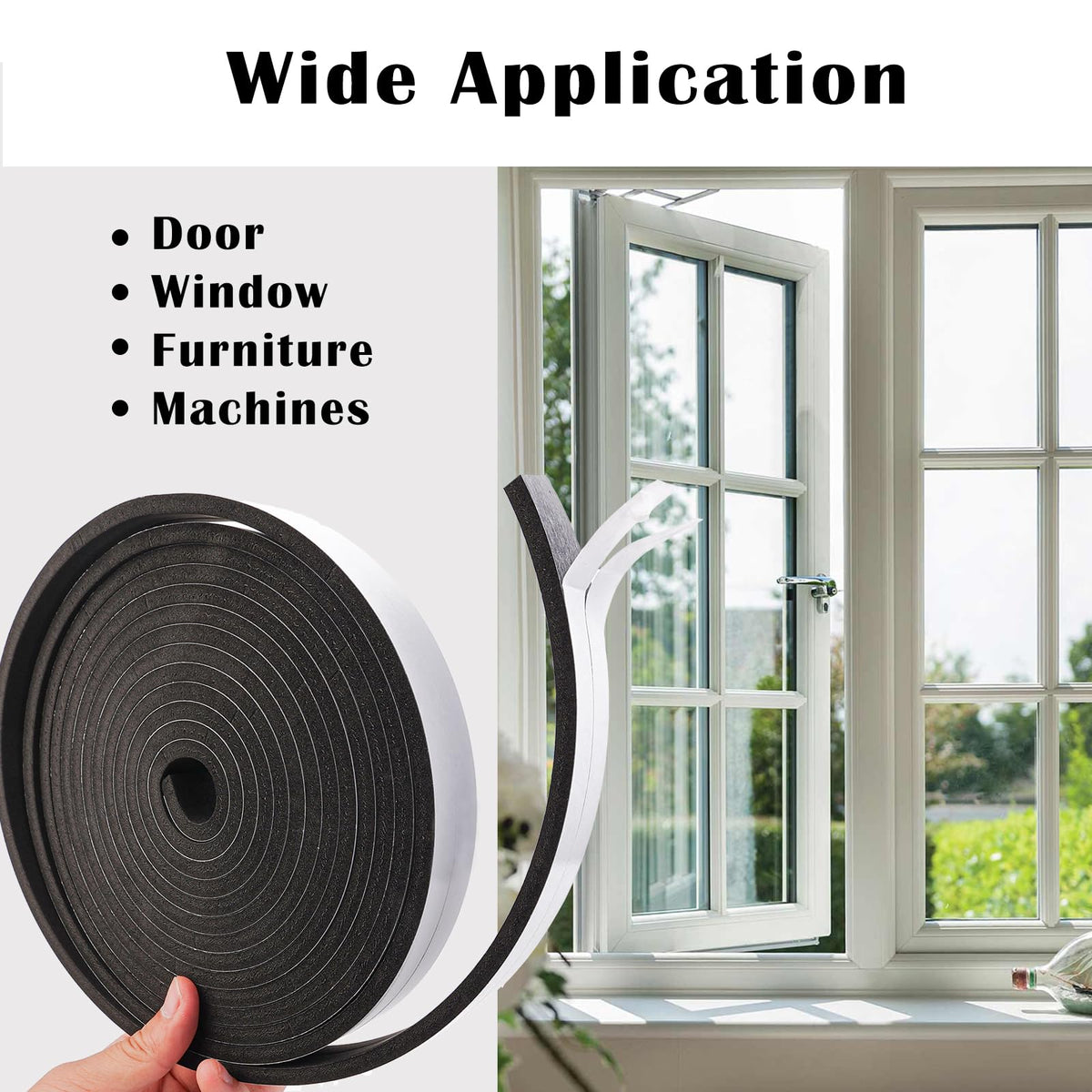 Black Foam Insulation Tape with Self-Adhesive Backing,Closed Cell Foam Weatherstripping 1/2 inch Wide x 3/8 inch Thick,Soundproofing Door Weather Seal Strip for Door and AC Window Seal,High Denisty 1/2 In wide x 3/8 In thick x 16Ft