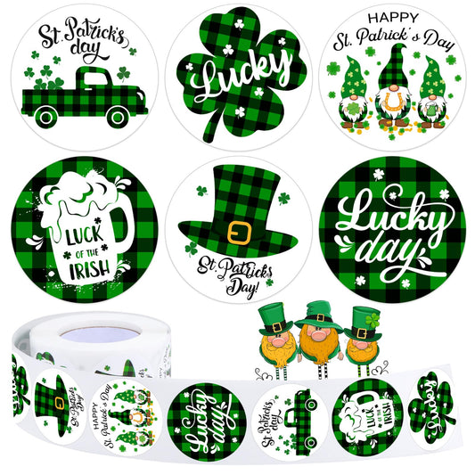 500 Pieces St. Patrick's Day Stickers Roll Irish Shamrock Beer Lucky Clover Hat Round Irish Self Adhesive Tag Seals Labels for St. Patrick's Day Party Bags Boxes Wrap Cards Bottles Decor 1.5 Inch