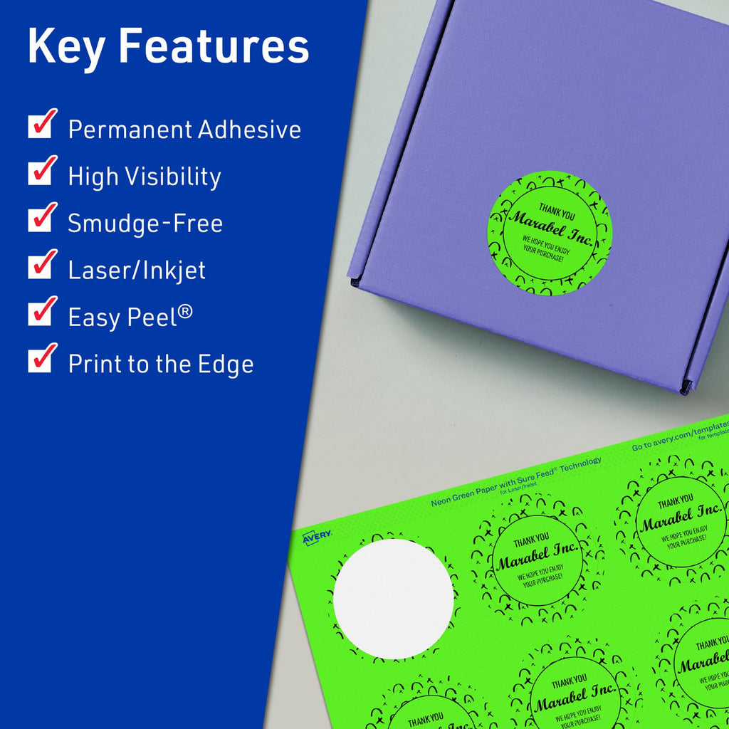Avery Printable Round Labels, Sure Feed Technology, 1-1/2" Diameter, Neon Green Labels, Print-to-The-Edge, Laser/Inkjet Printable, 400 Total, Great for Stickers and Candles 400 labels