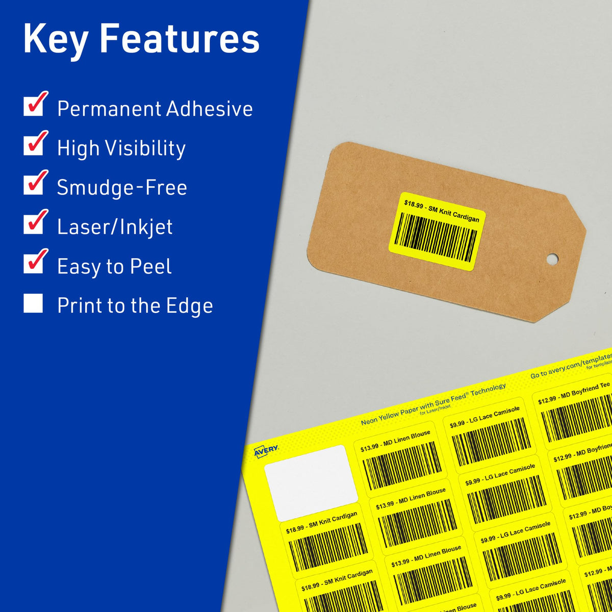Avery® Printable Rectangle Labels, Sure Feed® Technology, 1-1/4" x 1-3/4", Neon Yellow Labels, Laser/Inkjet Printable, 640 Total, Great for Jars and More 640 labels