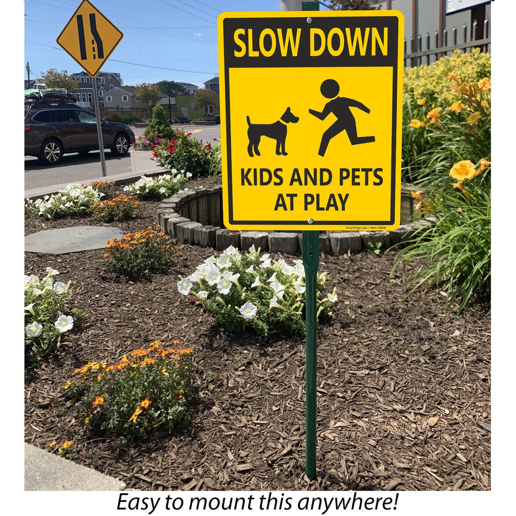 SmartSign "Slow Down - Kids And Pets At Play" LawnBoss® Sign | 10" x 12" Aluminum Sign With 3' Stake 10" x 12"
