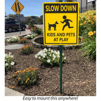 SmartSign "Slow Down - Kids And Pets At Play" LawnBoss® Sign | 10" x 12" Aluminum Sign With 3' Stake 10" x 12"