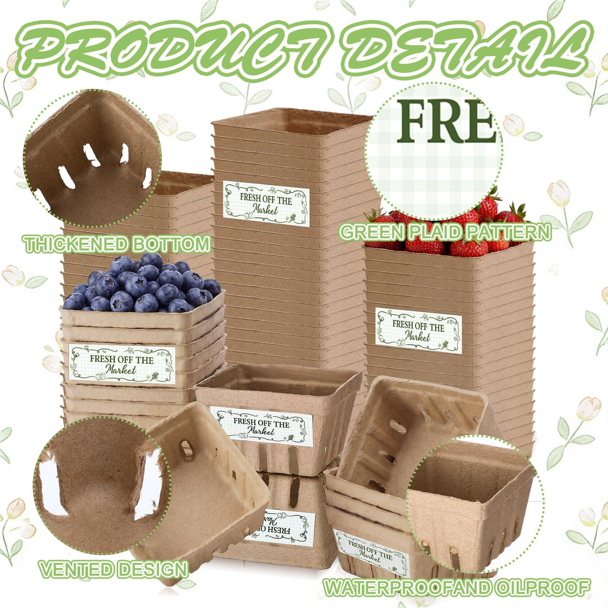 60 Sets Natural Pulp Berry Baskets with Fresh off the the Market Stickers Berry Carton Farmer Market Party Bridal Shower Favor Small Vented Produce Containers for Locally Grown Grocery