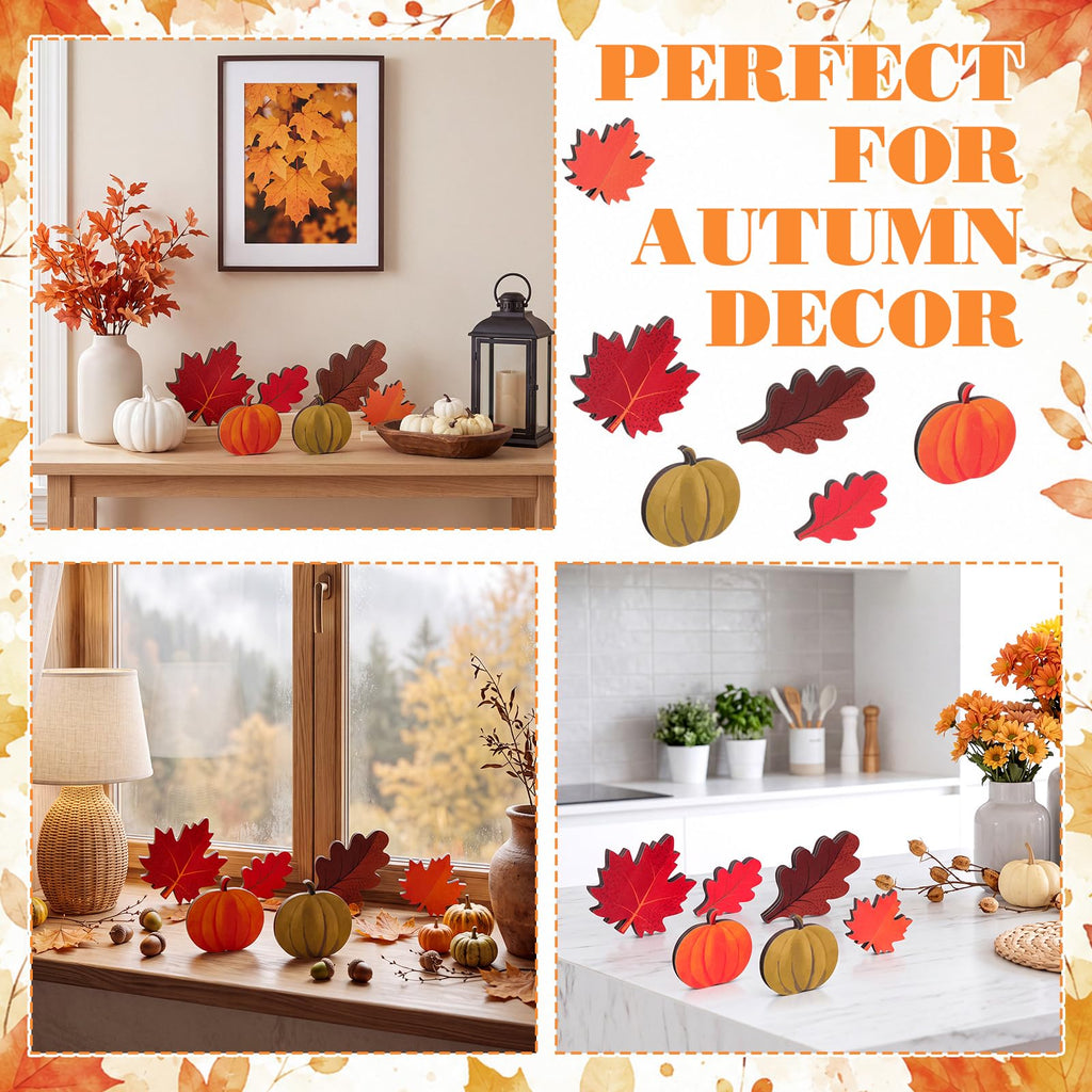 Yookeer 12pcs Fall Tiered Tray Decor Wooden Pumpkin Maple Oak Leaves 12