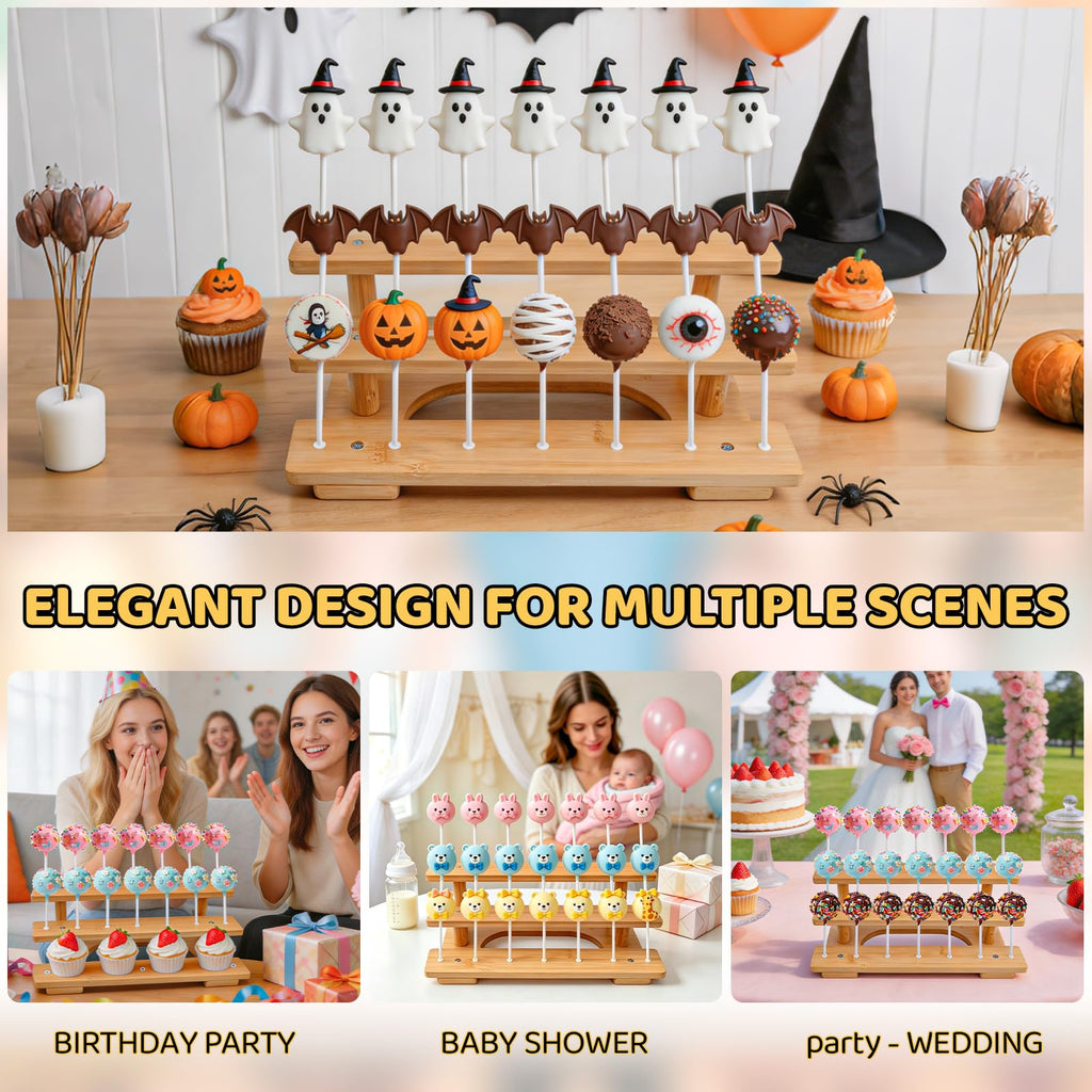 3-Tier Wooden Cake Pop Stand with 21 Holes, 100pcs Cakepop Bags Sticks Ties