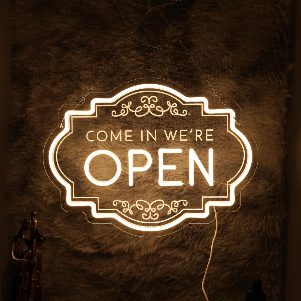 Open Neon Sign 17"x12.6", USB Powered LED Light for Store Decor door-white