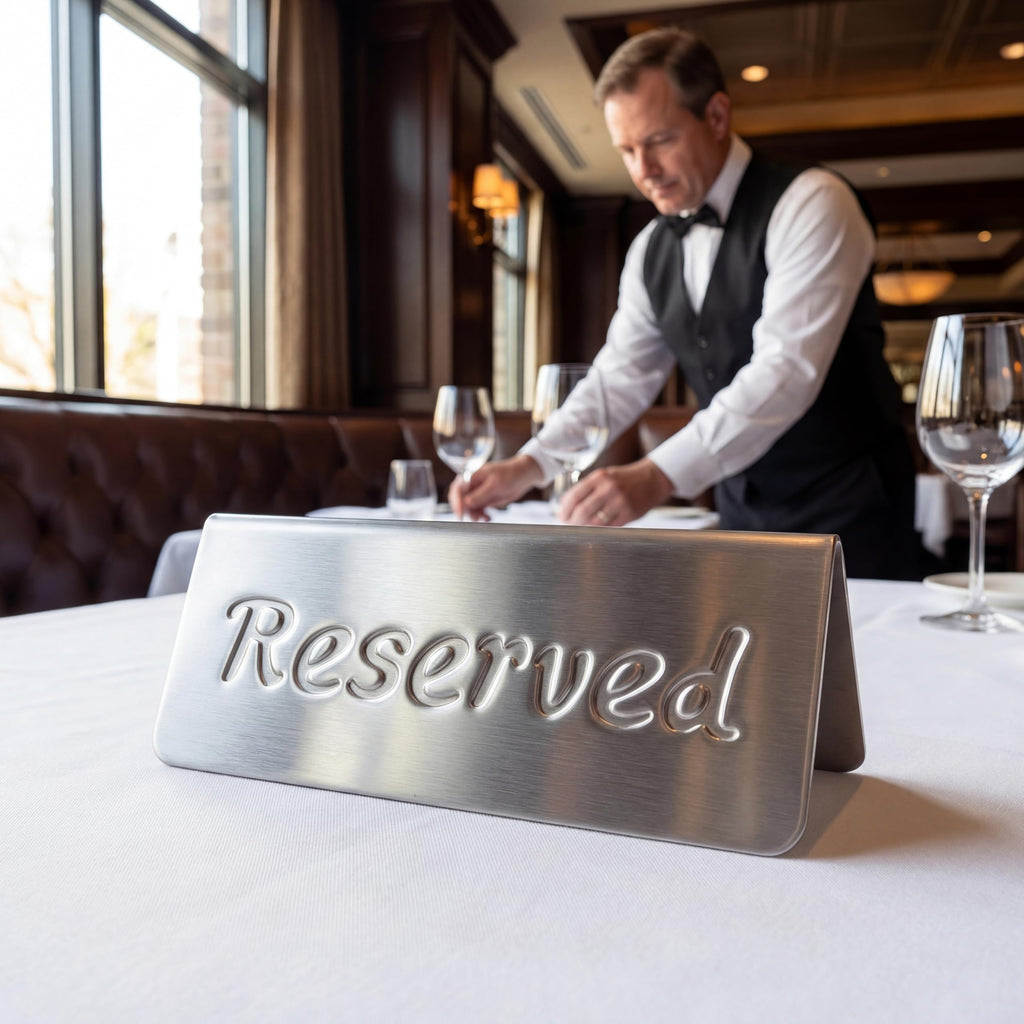2 Pack Small Reserved Table Signs for Restaurants,Dinner Parties,Banquets,Events,Stainless Steel Table Tent Place Signs,10 Year’s Use,Etched Design,Double Sided View,4.7x1.9 In,(Vintage Red) Vintage Red