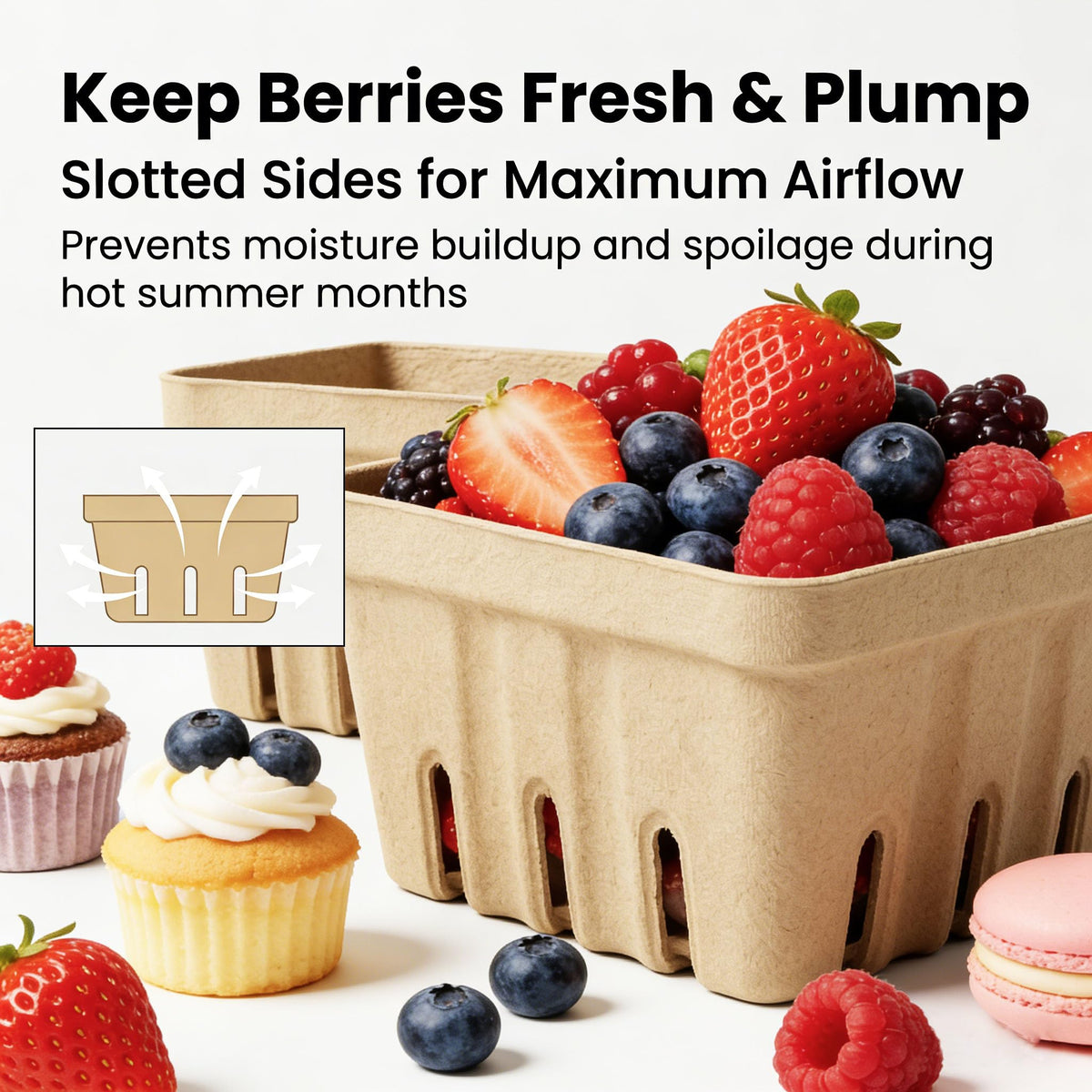 30 Pack Natural Pulp Fiber Berry Basket,Small Molded Produce Vented Basket Square