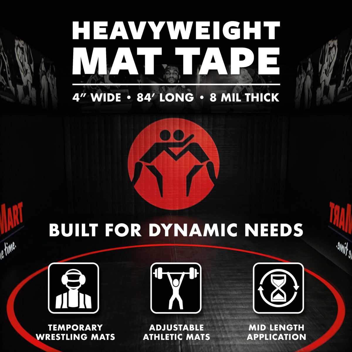 WrestlingMart Heavyweight Wrestling Mat Tape - Durable 4" Wide, 8mil Thick Clear Vinyl Wrestling Tape for Mats - Long-Term Application, Maximum Strength, Tear-Resistant & Reusable - 84' Long (1 Roll) 1.0