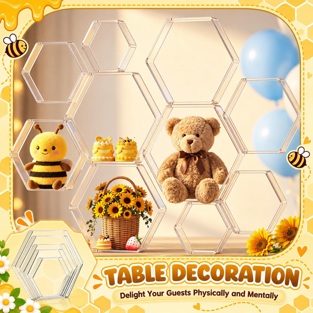 Xuhal 10 Pcs Acrylic Honeycomb Decorations, 5 Sizes Clear Hexagon Stands