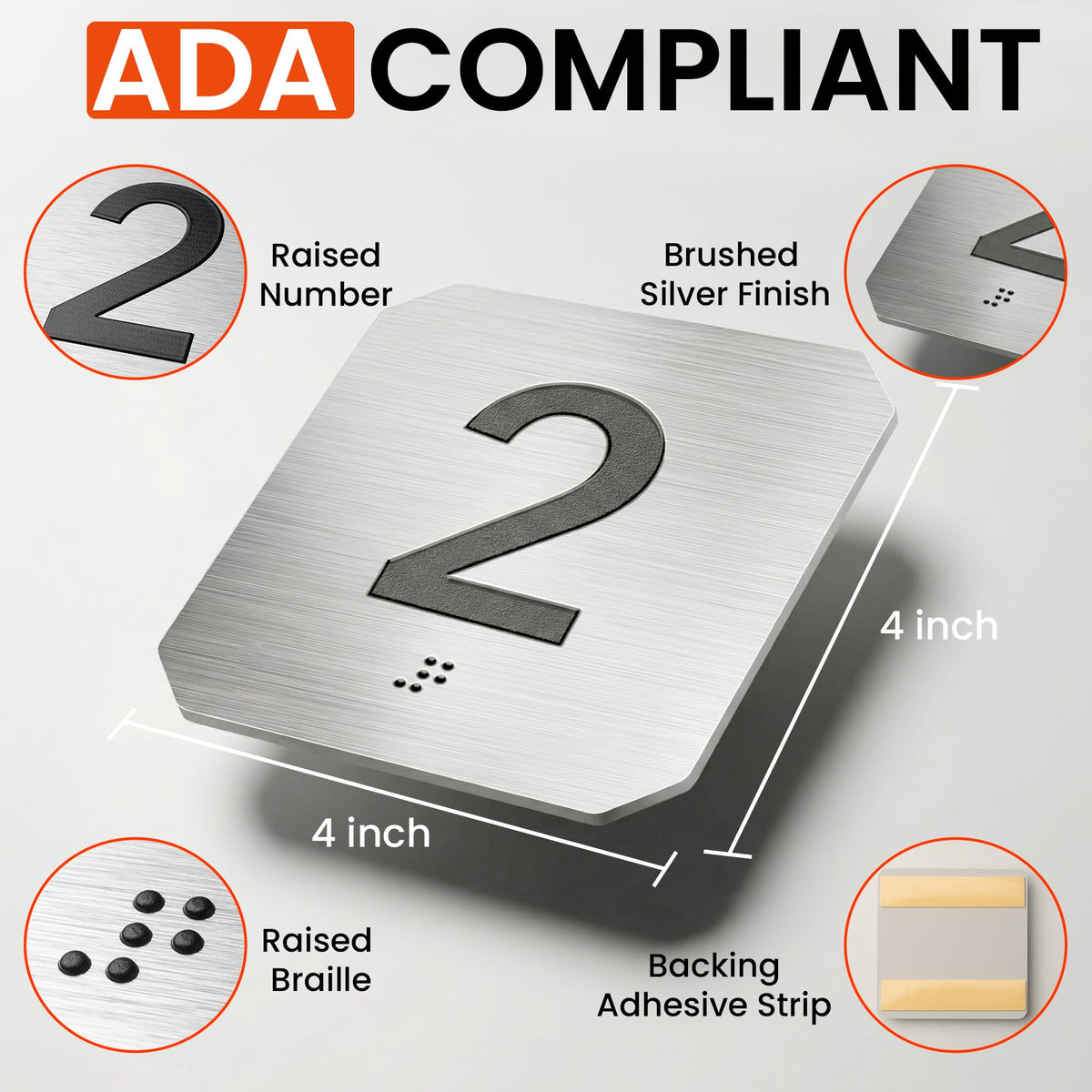 ADA Braille Room Number Signs 1-5, Modern Clipped Corner Brushed Silver Signs for Office Doors, Grade 2 Braille Compliance Signage for Clinic, School & Hospital, Self-Adhesive (4" x 4") Stainless Steel 1-5silver 1-5