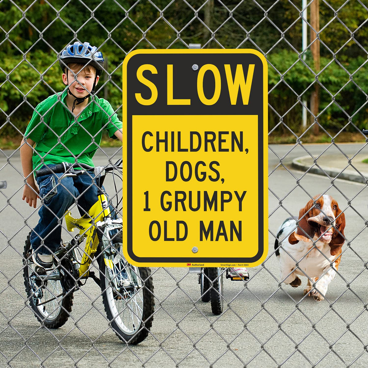 SmartSign 18 x 12 inch Funny “Slow - Children, Dogs, 1 Grumpy Old Man” Metal Sign, 63 mil Aluminum, 3M Laminated Engineer Grade Reflective Material, Black and Yellow 12" x 18" 3M EG Reflective Aluminum