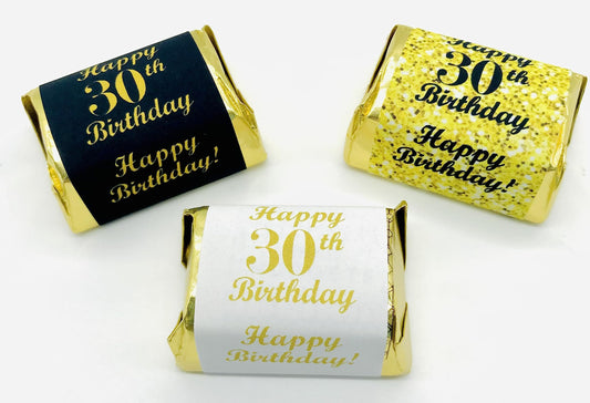 30th Birthday Nuggets Labels, Chocolate Candy Wrapper, (Set of 90) Candy Stickers; 3 Designs: 30 Gold, 30 Black, 30 White, Candy Not Included