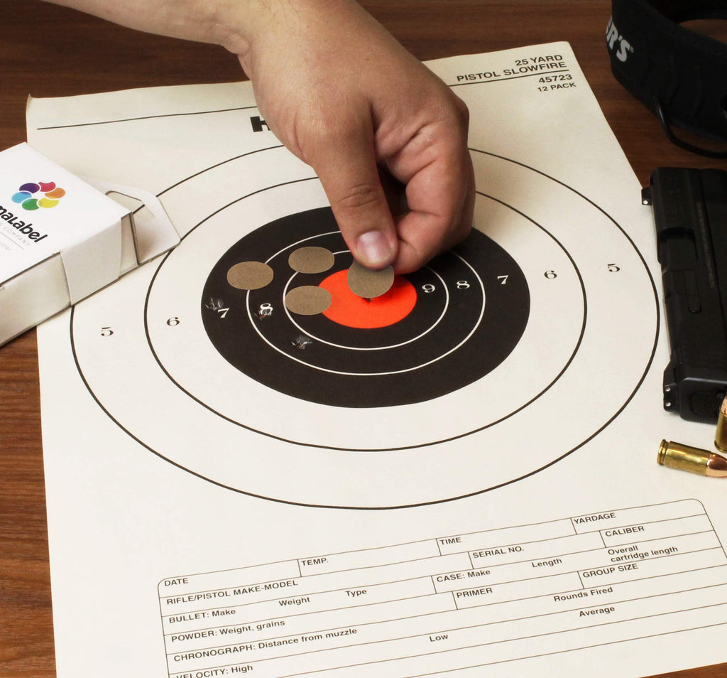 ChromaLabel 0.75 inch round kraft target pasters for shooting, 1000 labels per dispenser box, ideal for marksmanship and training.