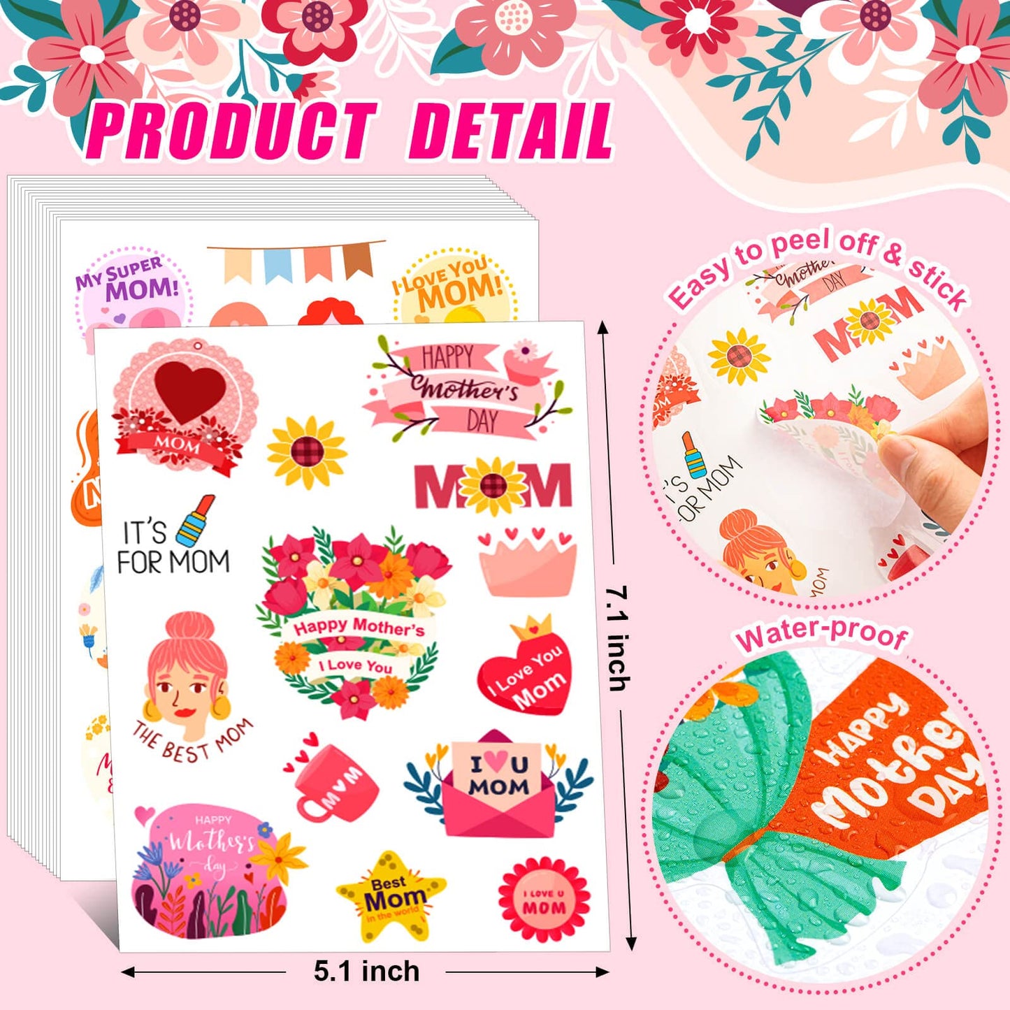 Happy Mothers Day Stickers, 16 Sheets Cute Mom Stickers for Mother's Day Gift Cards Labels Party Gift Decorations