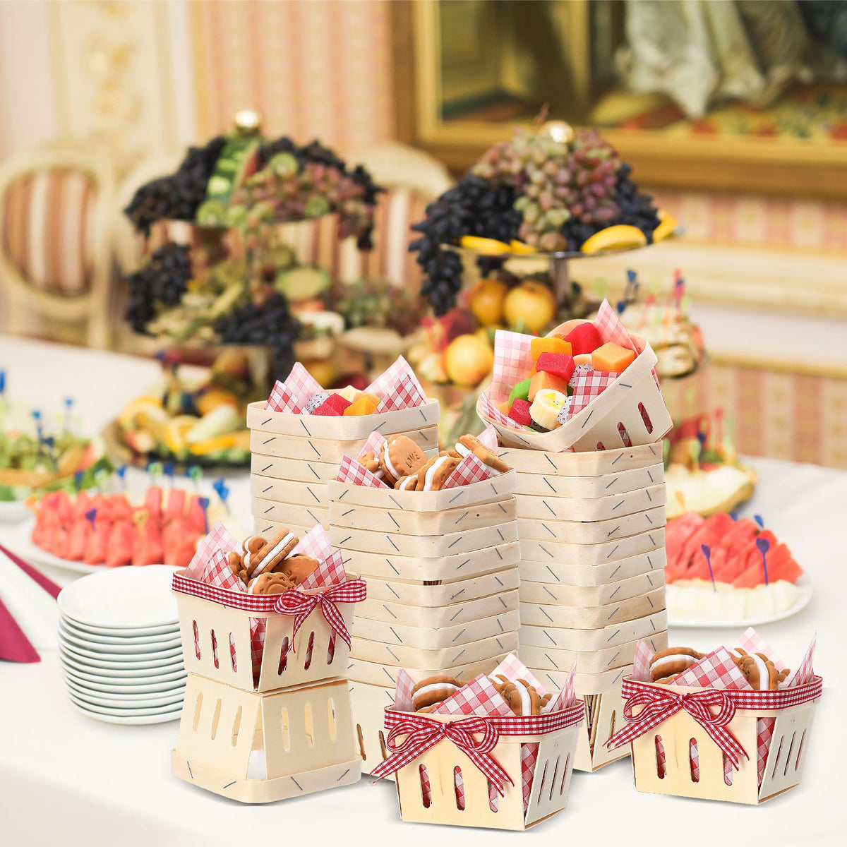 Vesici 61 Pcs Pint Wood Berry Basket & Wax Paper, Ribbon, Plaid, Red