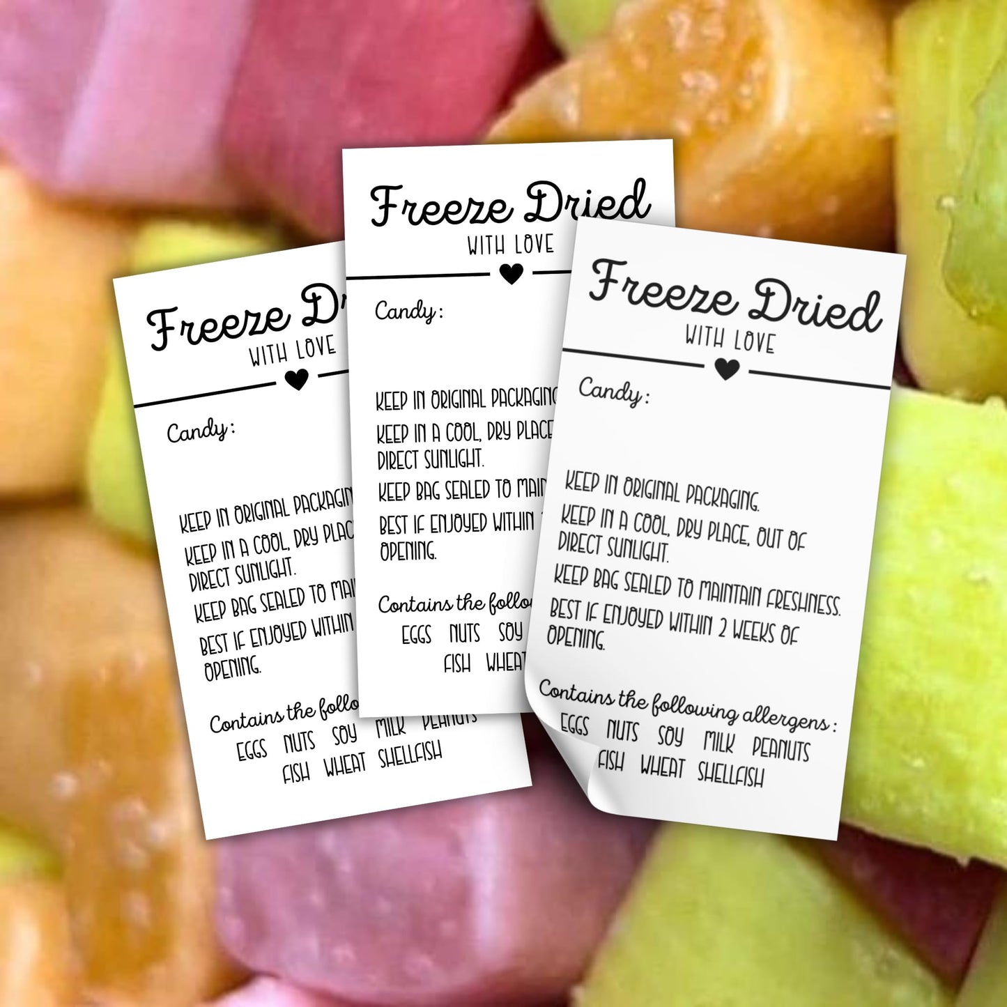 Freeze Dried Candy Labels Stickers for Bags Write in Candy | 250 pc Roll 2x3.5” Size Holographic Bags Ingredient Label Dehydrated Allergy Warning