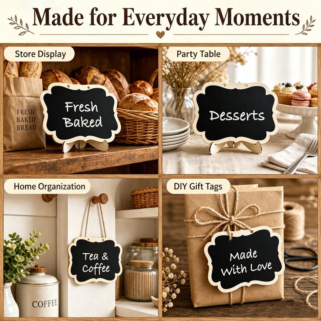 12 Pack Mini Chalkboard Signs with Stand, Wooden Hanging Blackboard Labels, Small Chalkboard Food Labels for Party Buffet, Wedding Table Numbers, Place Cards, Dessert Display, Message Board.