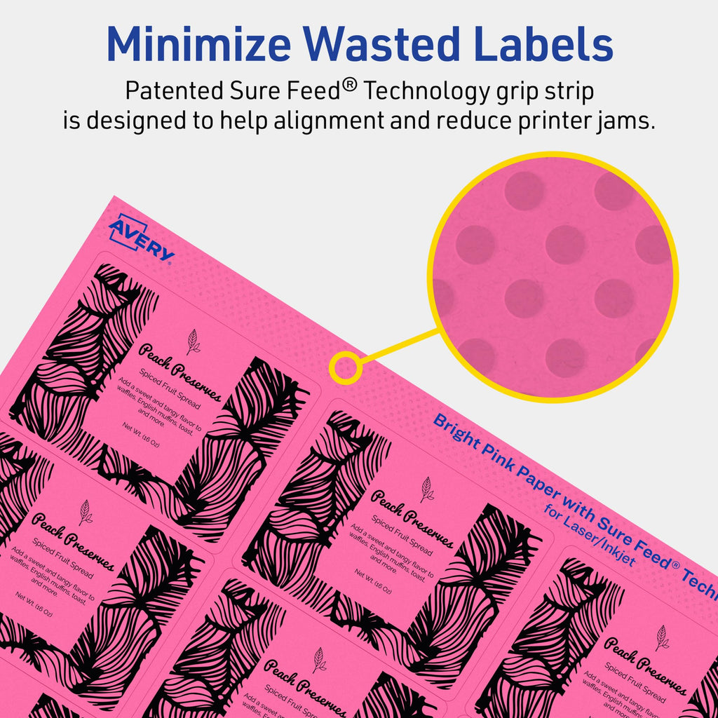 Avery Printable Rectangle Labels, Sure Feed Technology, 2" x 2-5/8", Bright Pink Labels, Laser/Inkjet Printable, 300 Total, Great for Mailing 300 labels