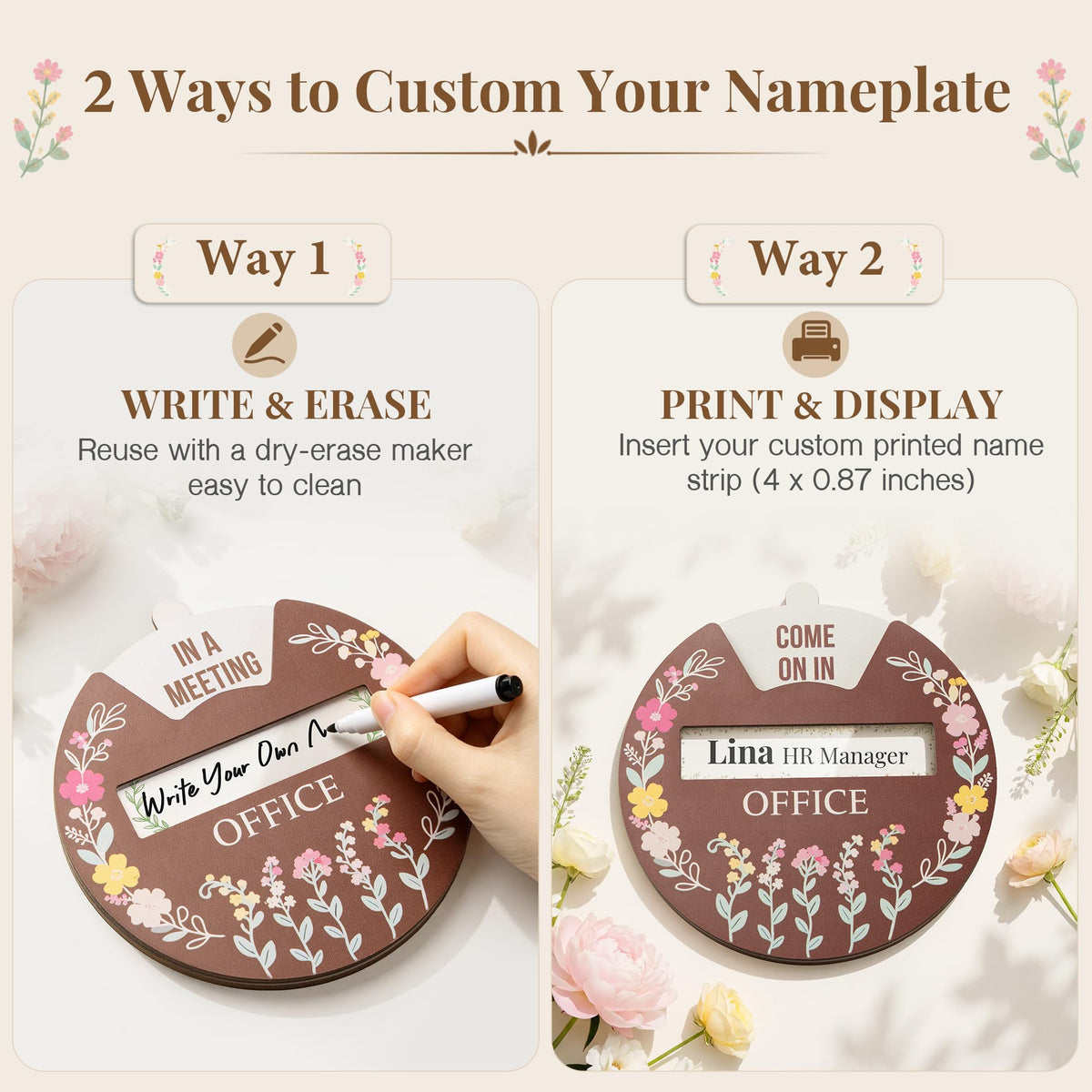 Office Door Signs, Do Not Disturb, In a Meeting, Come on In, Please Knock, On Break, Custom Rotating Wheel Sign with 6 Busy Statuses & Personalized Nameplate, Wooden Privacy Spinner Available and Away for Therapy & Home Office Brown Design 01