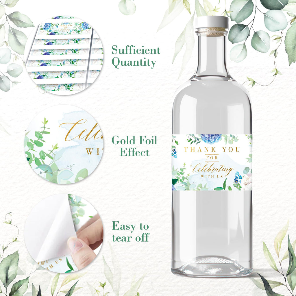 Mobiusea Creation Wedding Water Bottle Labels | Blue Floral Gold Foil | 50pcs Water Bottle Labels for Wedding, Bridal Shower, Birthday, Baby Shower and Party (Pack of 2) 1.97" x 8.27" (Pack of 2)